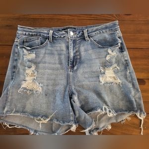 JUDY BLUE Distressed Stretch Denim Eyelet Peekaboo Embellished Jean Shorts